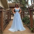 Light blue V-neck evening gown featuring intricate lace floral patches and tulle skirt - S / Sky Blue