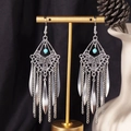 Bohemian silver drop earrings with blue bead and long tassel chains on gold stand - S4294 Blue Rhombus Fringe Earrings