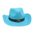 Chapeau de cow-boy en paille bleu vif tissé à la main avec bande en cuir et étoile - Taille unique / Bleu lac