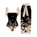 Detail of floral two-piece swimsuit with ribbon straps and a matching beach sarong wrap - Y Flower Series Double-Sided Set