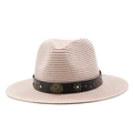 Pink straw sun hat with brown leather band and metallic floral ornaments in panama style - Pink