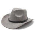 Grey wide brim western cowboy hat with suede finish and ethnic style buckle belt - M (56-58cm) / Grey Suede