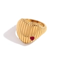 Vintage 18K gold-plated stainless steel heart ring with vertical texture and red gem - Heart Vertical Stripes Diamond Ring-Gold-Size 6