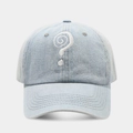 Faded blue denim baseball cap featuring white question mark embroidery and adjustable strap - Adjustable / Light Blue
