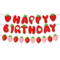 Close-up of strawberry themed Happy Birthday banner set in vibrant red and pink colors - Strawberry Banner and Garland Set