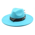 Detail of bright turquoise fedora hat with bull head emblem and embroidered floral accents - M (56-58cm) / Lake Blue