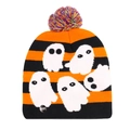 Halloween LED knit beanie featuring orange and black stripes with white ghost patterns - Orange Black Striped Ghost