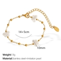 Golden stainless steel bracelet with three white pearl butterfly charms and sizing text - White Pearl Gold Bracelet (SL92)