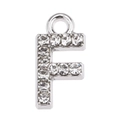 Macro shot of silver letter F pendant with clear zircon inlay and top hanging ring - Letter F