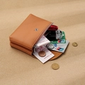 Brown genuine leather coin pouch for cards and keys with smooth metal zipper - Orange (Double Layer)
