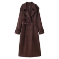 Trench-coat en daim marron chocolat pour femme avec double boutonnage et ceinture à nouer - S / café