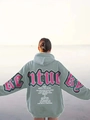 Close-up of Kentucky USA letter print on the back of oversized grey-green hoodie - S / Light Green