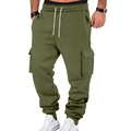 Detail of army green cargo jogger pants with side flap pockets and drawstring waist - S / Bottoms / Army Green