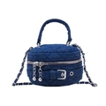 Quilted blue denim mini chain bag for kids featuring silver zipper and crossbody strap - Deep Blue (9903)