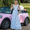 Blue and white floral chiffon summer dress with cut-out waist and deep V-neckline - XS / Blue and White Floral