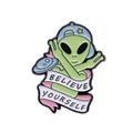 Cartoon green alien enamel pin with blue cap and Believe Yourself ribbon badge - XZ8673-Believe Yourself With Hat