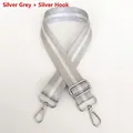 Detail of silver gray nylon bag strap with polished silver metal hooks and adjuster - Silver Grey + Silver Hook