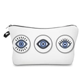 White travel cosmetic bag featuring blue evil eye prints and a black wrist strap - White Three Eyes 659
