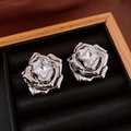 Silver rose stud earrings with square crystal stone inlay for elegant vintage style - Silver (94# Silver Earring Post)