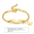 Adjustable gold plated stainless steel bar bracelet with a cute butterfly charm - Style 3 Kids (Gold/Butterfly Charm/ID Plate)