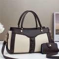 Detail of a beige and brown faux leather handbag with golden buckles and mini purse - Off-white