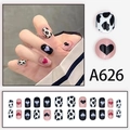 Detailed set of A626 almond press-on nails with cow print and heart patterns in pink and black - Pink and Black Cow Pattern Heart Style (A626)
