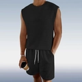 Ensemble d'été homme débardeur sans manches et short en tissu gaufré noir, 2 pièces - M / Noir
