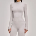 Light grey seamless slim fit yoga jacket with thumbholes and zipper for women - White Sand