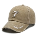 Close-up of khaki distressed baseball cap with 7 embroidery and frayed hole detail - One Size (56-60cm) / Khaki