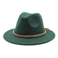 Detail of dark green wool fedora hat featuring a brown braided band with gold metal beads - Dark Green