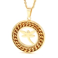 Gold hollow round dragonfly pendant necklace with chain texture and zircon accent - Gold Round Dragonfly (KP47211-K)