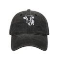 Close-up of high-quality cow embroidery on washed cotton vintage baseball cap texture - Adjustable / Black