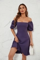 Detail of a purple square neck puff sleeve dress on a model against a stone wall background - S / Purple