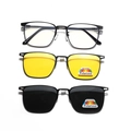 Square metal polarized sunglasses set with magnetic clip-on lenses for day and night - Black