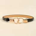 Adjustable black thin leather belt for women featuring a vintage gold double ring buckle - Geometric Buckle-Black