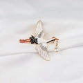Elegant crane enamel brooch in white and red with a hanging white pearl drop pendant - Flying Crane Down