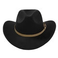 Close-up of black wool fedora featuring a brown leather band and gold metal buckle detail - Adult 58cm One Size / Black