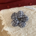 Floral sponge hair scrunchie with black and white checkered pattern on woven fabric - Black Thin Plaid