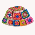 Multicolor crochet knit bucket hat with floral pattern and vintage hollow design - One Size / Beige Multicolor Granny Square Bucket Hat