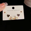 Three-piece gold earring set with star, pearl planet, and heart motifs on S925 silver posts - Gold-Rhinestone Saturn Heart Set (54#)