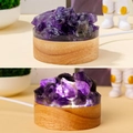 Purple crystal cluster night light with wooden base showing on/off lighting modes - Raw Amethyst-Cold Light