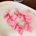 Detailed view of pink rose petal tassel earrings with long gold chain fringe for women - Steel Needle Style (19#)