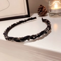 Chic black headband with sparkling rhinestones and metal chain detail on white surface - Wrapped Chain Rhinestone Headband / Black