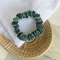 Glossy emerald green satin scrunchie with soft silk texture for ponytail styling - Teal