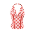 Women summer halter neck top with red and white plaid print and deep V-neckline - S / Red White Plaid