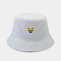 Close-up of rainbow heart embroidery and neat stitching on cotton bucket hat - M (56-58cm) / Light Blue