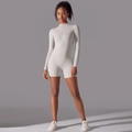 Slim fit white long sleeve jumpsuit with zipper collar and high stretch athletic fabric - S / Off-White Grey