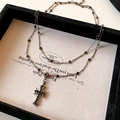 Collana a doppio strato in metallo scuro con pendente a croce e gemma nera in scatola - 2# Collana a Doppio Strato con Croce di Strass Texturizzata
