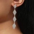 Elegant long silver drop earrings featuring four sparkling rhinestone diamond rhombuses - Silver Four Rhombus Long Style (DTE1616349S)