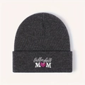 Dark charcoal knit beanie with Volleyball MOM embroidery and pink heart graphic - One Size / Dark Gray